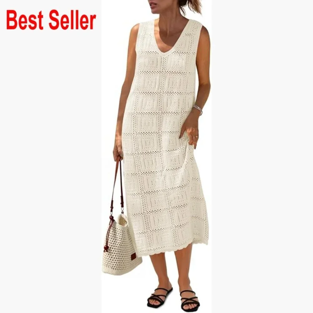 Crochet Sleeveless Midi Dress V-Neck Boho Beach Cover Up